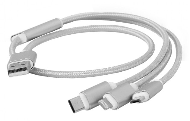 Kabllo Gembird CABLEXPERT, USB-A (M) / Micro USB + USB-C + Lightning, 1m, e argjendtë