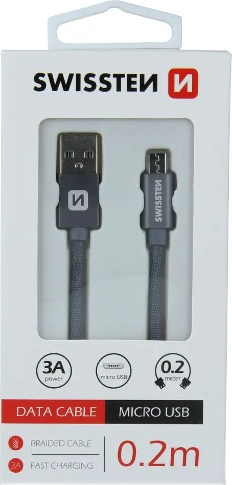 Kabllo USB Swissten Textile, USB në Micro USB, 0.2m, 3A, e zezë