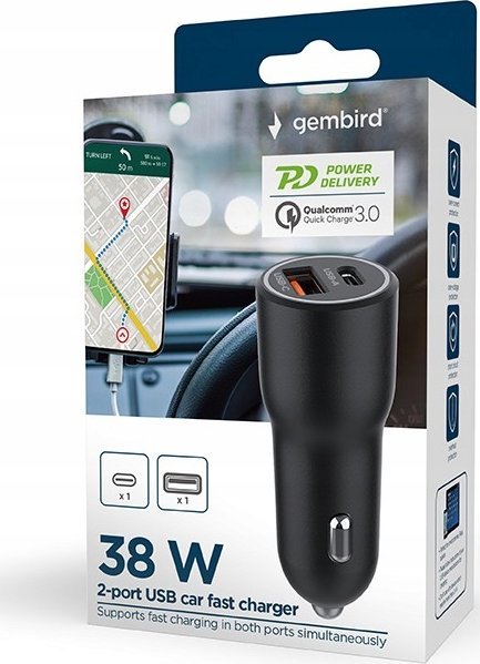 Полнач за автомобил Gembird TA-UC-AC2PDQC38-CAR, 38W, USB A USB C PD, црн