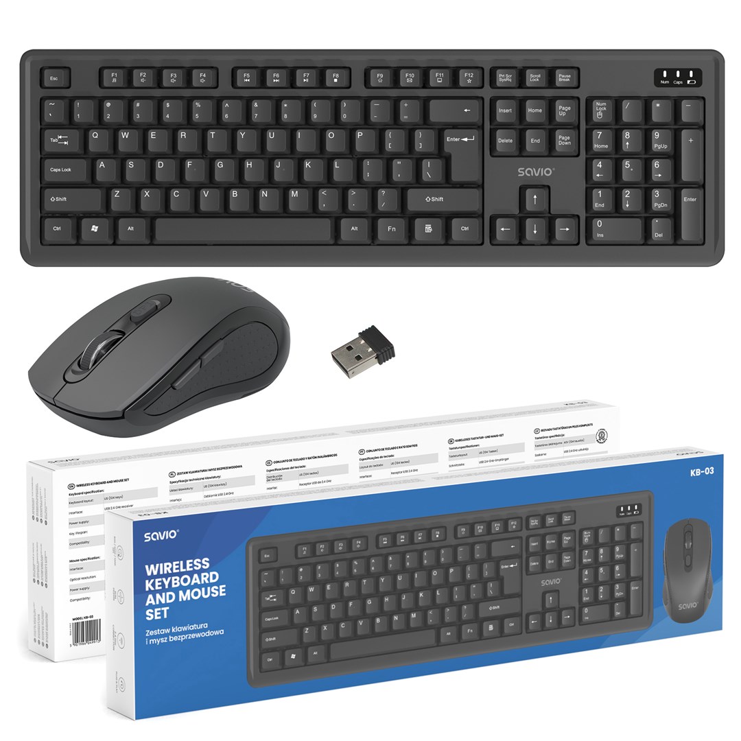Set tastierë dhe maus SAVIO KB-03, wireless, layout US, i zi