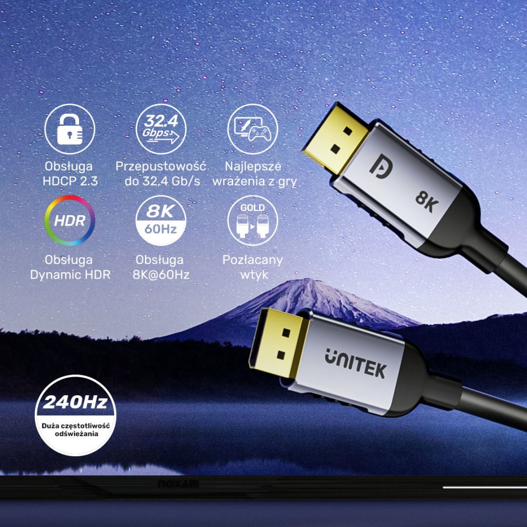 Kabllo DisplayPort UNITEK C1628GY01, 8K, 3m, e zezë gri
