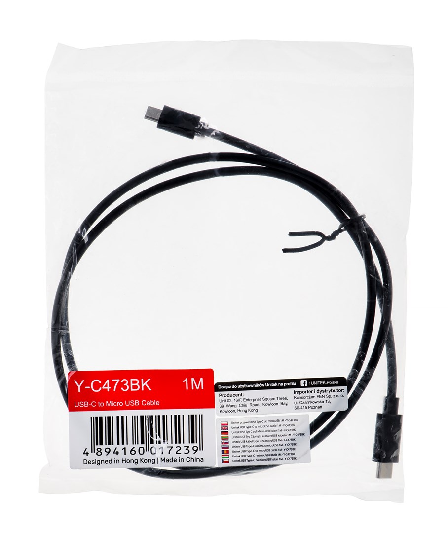 Kabllo Unitek, USB C / Micro-USB B, 1 m, e zezë