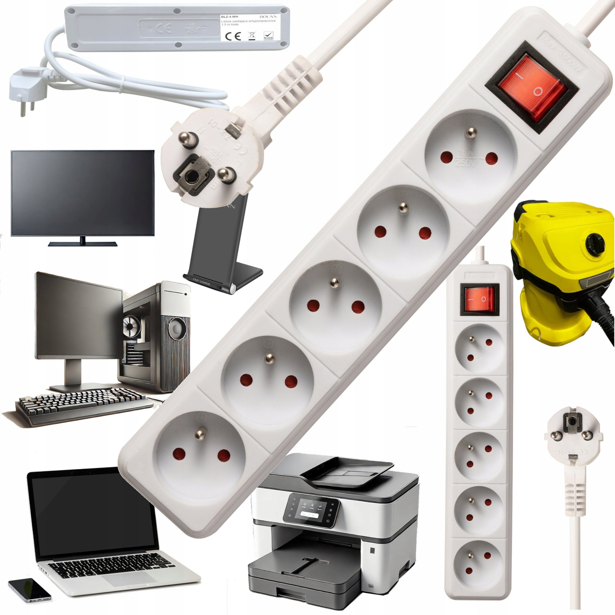 Продолжен приклучок Bounn Surge Protector, 5 излези, 1.5 m, бела