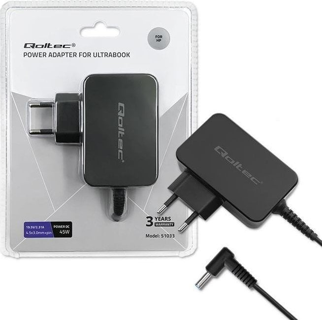 Adaptor karikues Qoltec për HP Ultrabook, 45W, 19.5V 2.31A, i zi