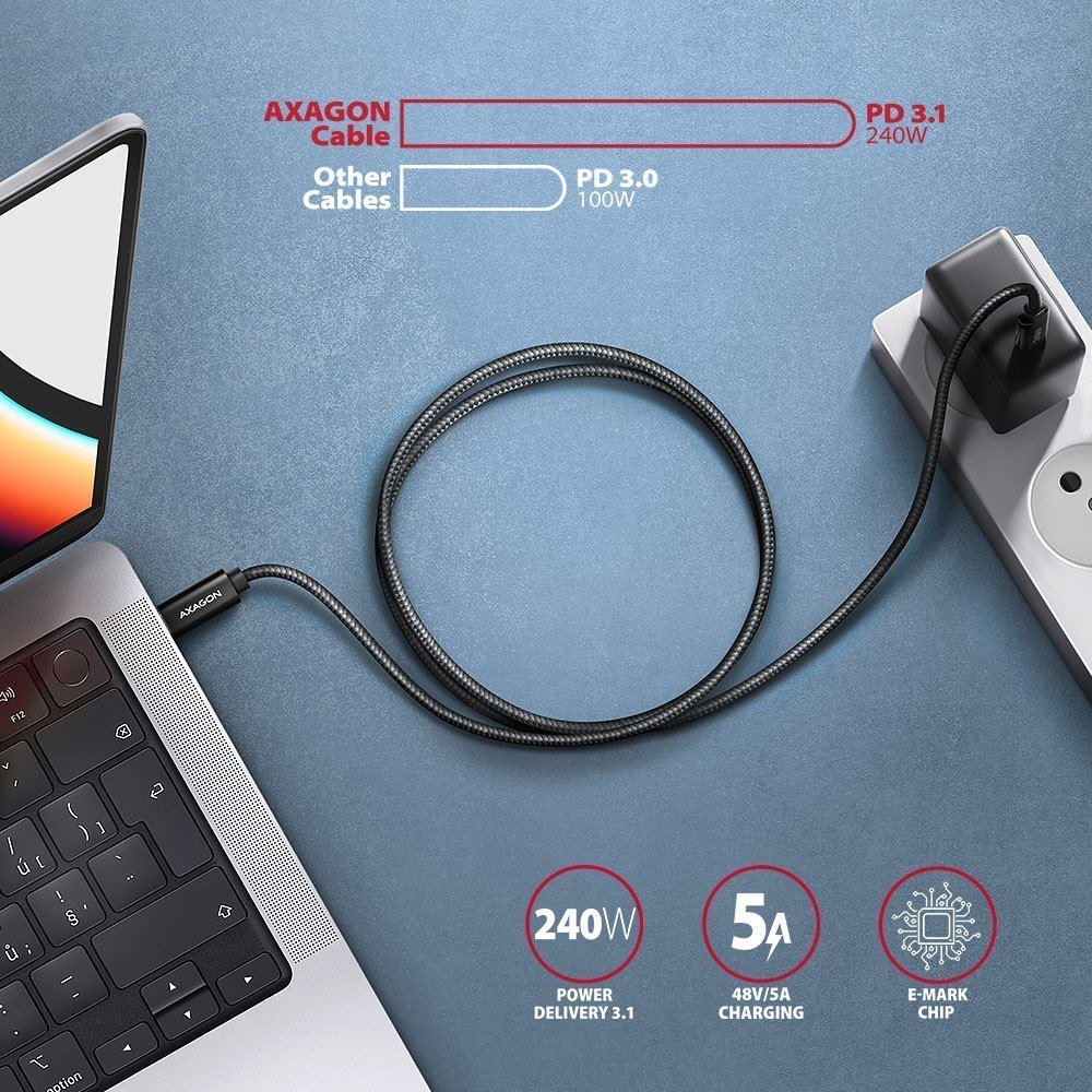 Kabllo USB C në USB C Axagon BUCM2-CM25AB, 2.5 m, 240W, e zezë