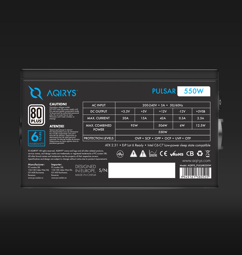 Furnizues energjie AQIRYS Pulsar, 550W, 80 Plus, me ARGB