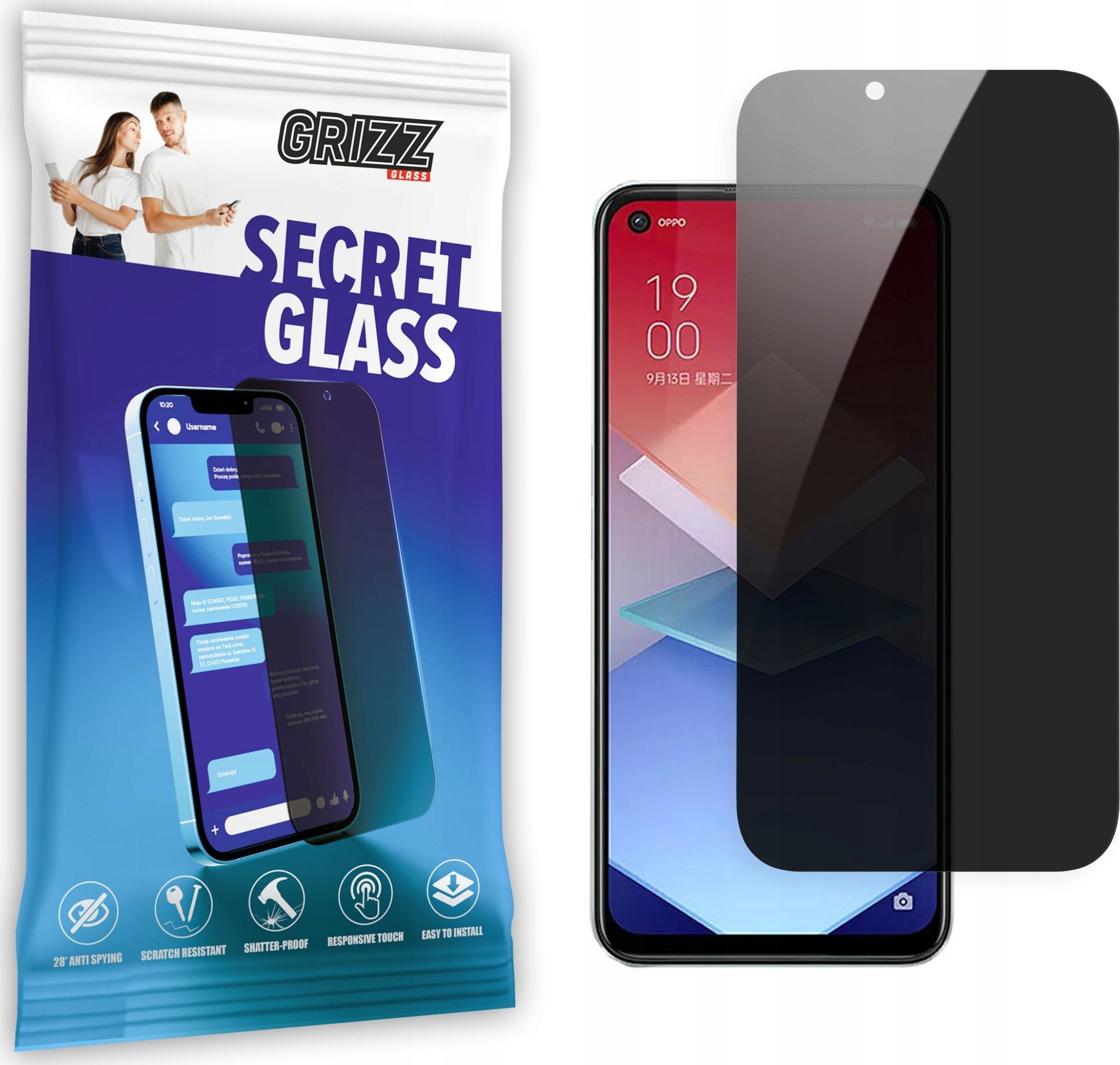 Xham mbrojtës privatësie Grizz SecretGlass për Oppo K10x, ekran i plotë, transparencë e lartë, i zi