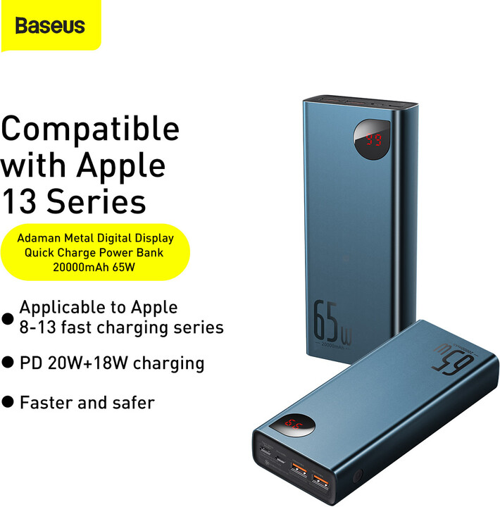 Powerbank me ekran dixhital Baseus Adaman Metal QC + PD, 20000mAh, 65W, i kaltër + kabllo USB-A/USB-C, 30cm, e zezë
