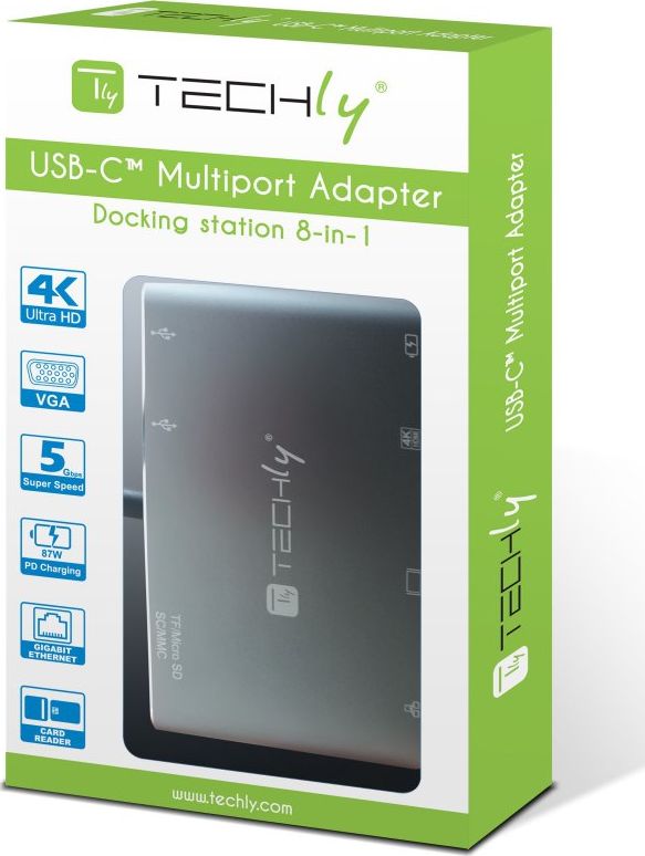 Docking station Techly IADAP USB31-DOCK3, USB-C 8 në 1, HDMI 4K, gri