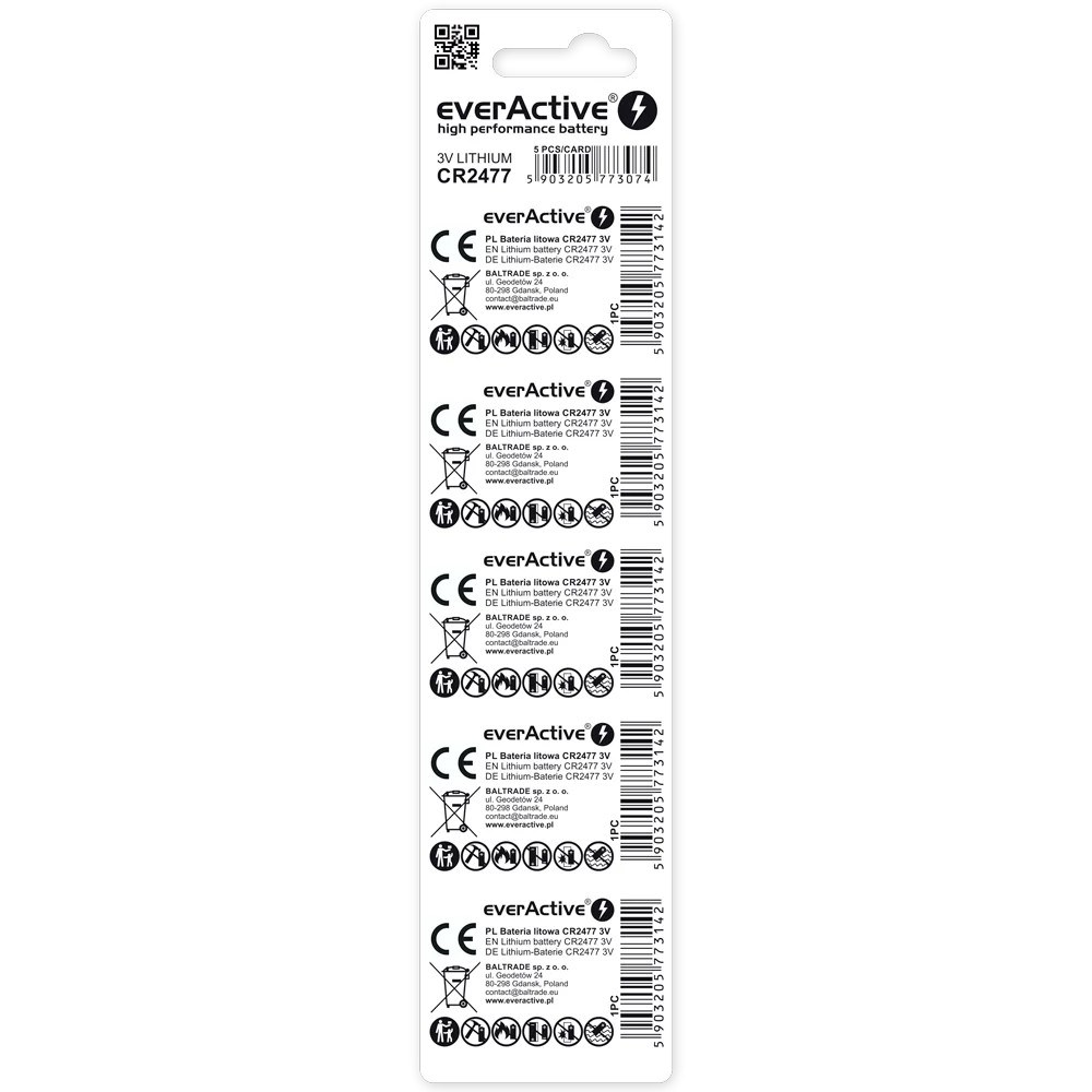 Bateri buton litium EverActive CR2477, 3V, paketim 5 copë, argjendtë