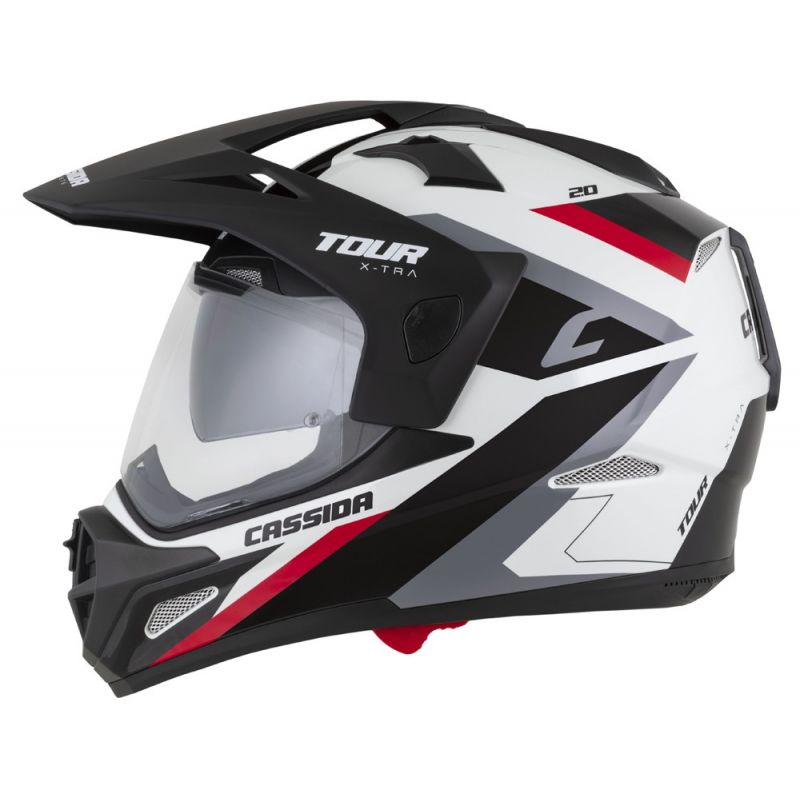 Helmetë moto CASSIDA Tour 2.0 X-tra, me peak, ECE 22.06, e bardhë e kuqe e zezë, madhësia XL