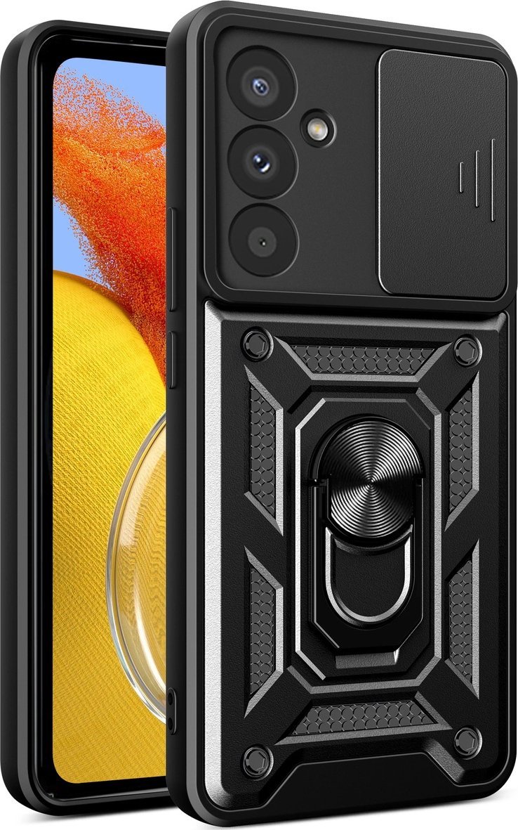 Mbrojtëse telefoni Samsung Galaxy M14, me kapak kamere, me këmbë mbajtëse, e zezë