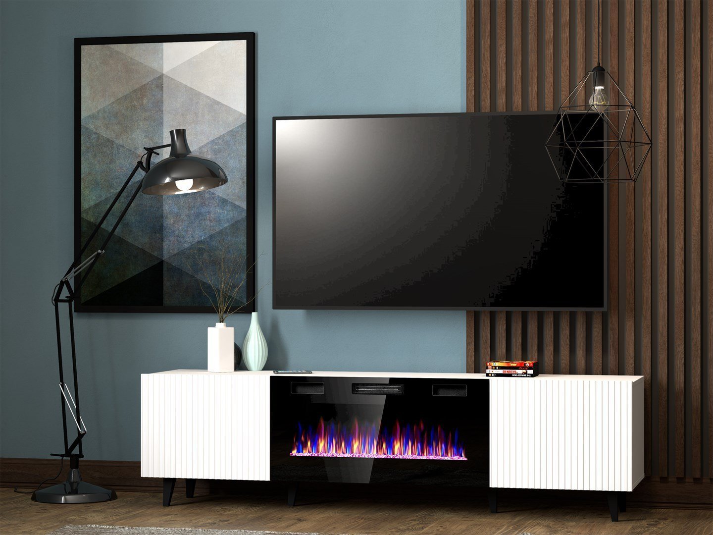 Kabinet TV Bed Meble Paphos EF me oxhak elektrik, 180x42x49 cm, MDF, i bardhë mat