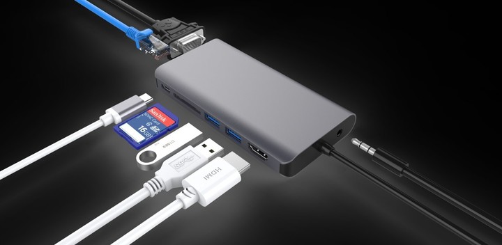 Konvertues PremiumCord USB3.1 type-C në HDMI+VGA+RJ45+2xUSB3.0+SD card +3,5mm+PD charge