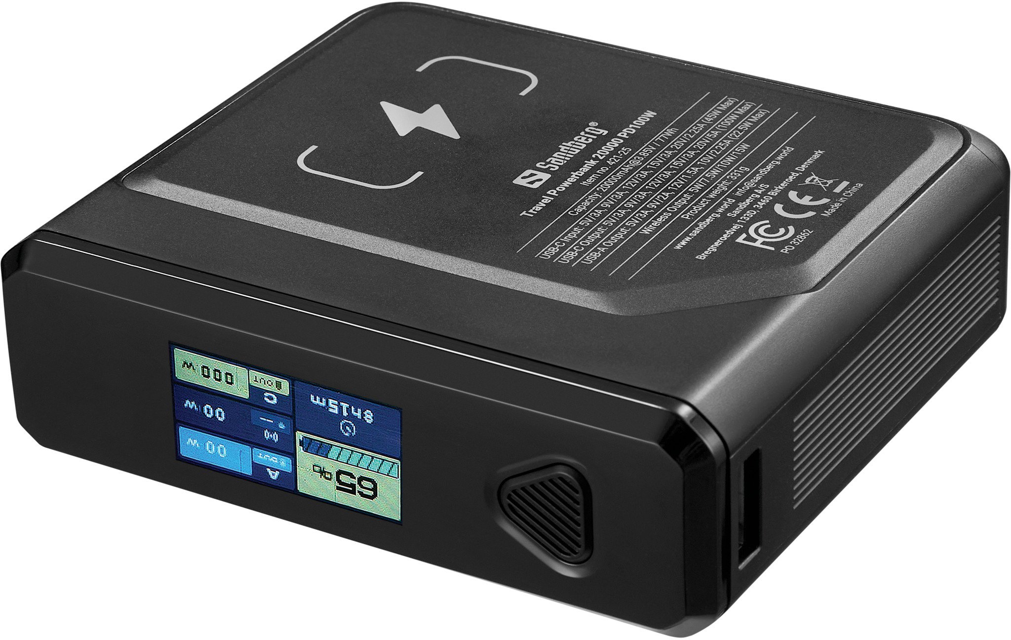 Powerbank Sandberg Travel 20000mAh, PD 100W, безжично полнење, црна