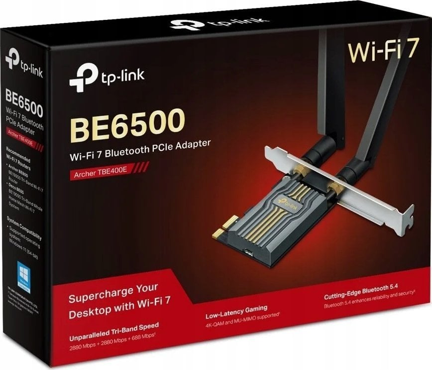 Adapter Wi-Fi TP-Link Archer TBE400E BE6500, PCIe, Wi-Fi 7 dhe Bluetooth 5.4, i zi