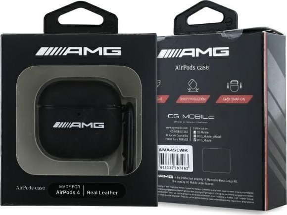 Kllëf për kufje AMG AMA4SLWK për AirPods 4, lëkurë, i zi me logo të bardhë