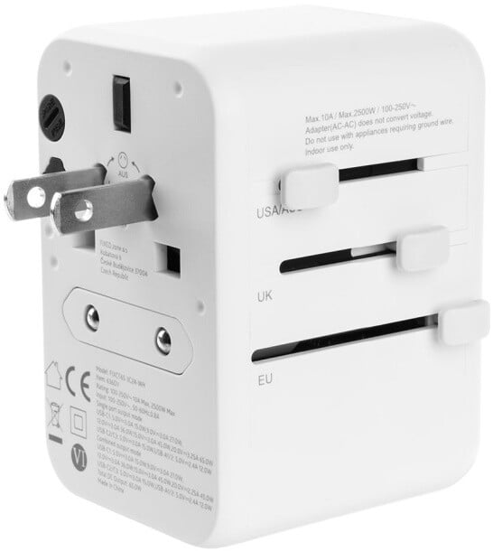 Përshtatës udhëtimi FIXED për EU, UK dhe USA/AUS, 3xUSB-C, 2xUSB-A, GaN, PD 65W, i bardhë