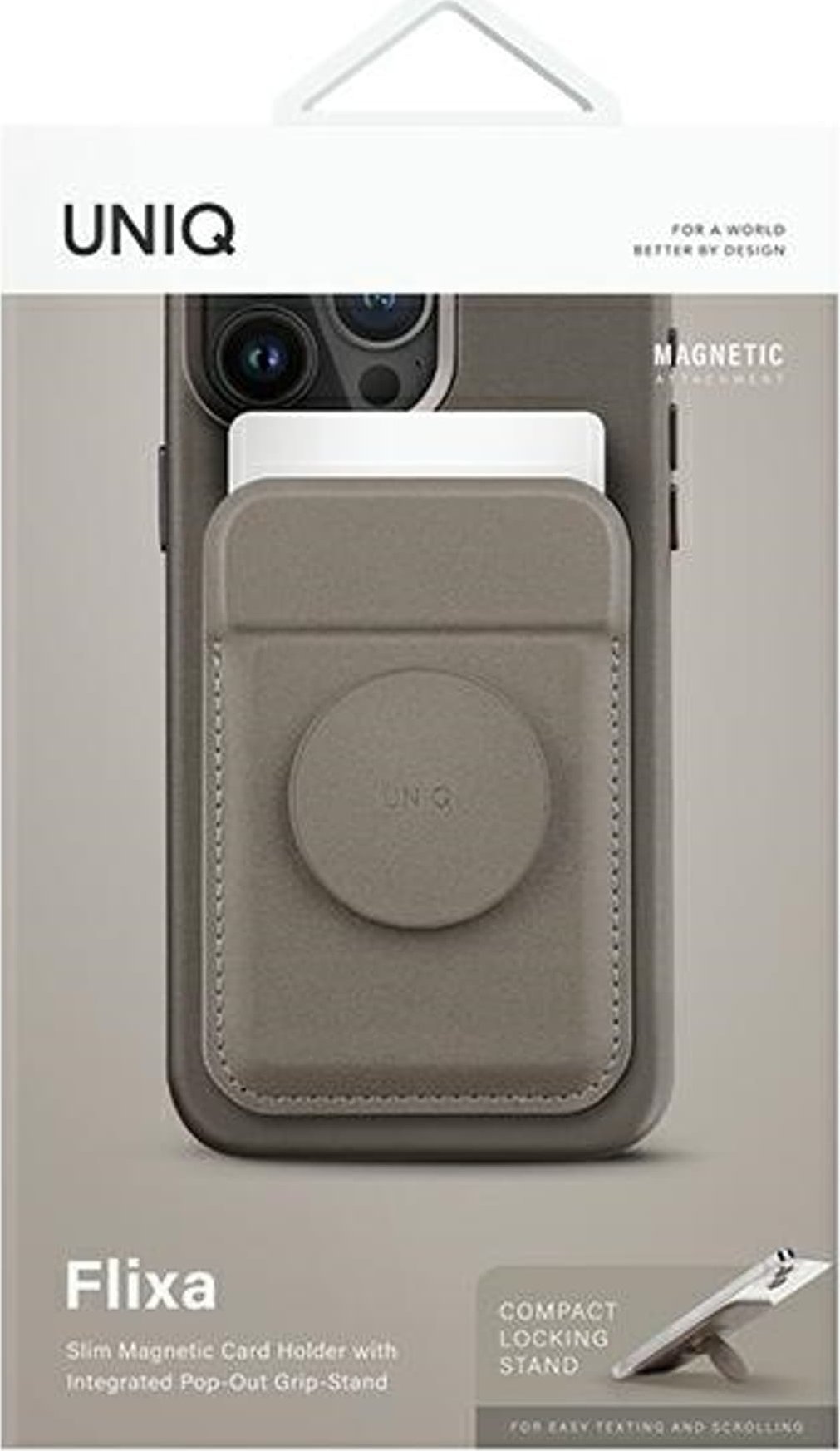 Portofol magnetik MagSafe UNIQ Flixa, me grip, për 2 karta, gri Flint