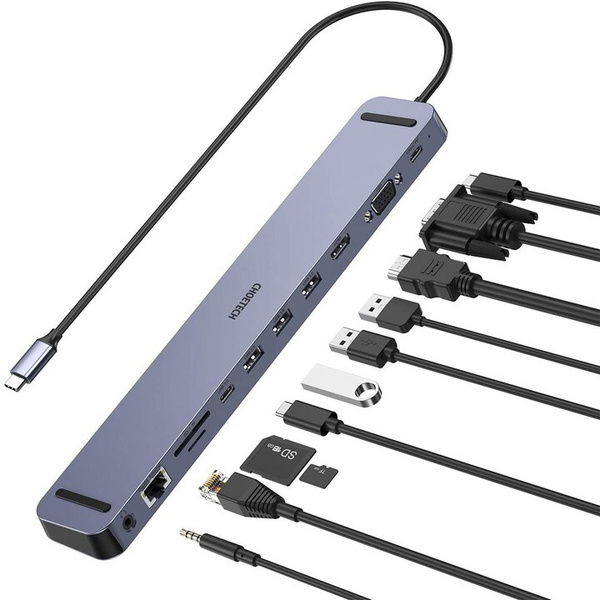 Hub multifunksional Choetech HUB-M20, USB-C, 3x USB-A 3.0, HDMI 4K, VGA, PD 100W, RJ45, jack, lexues i kartës