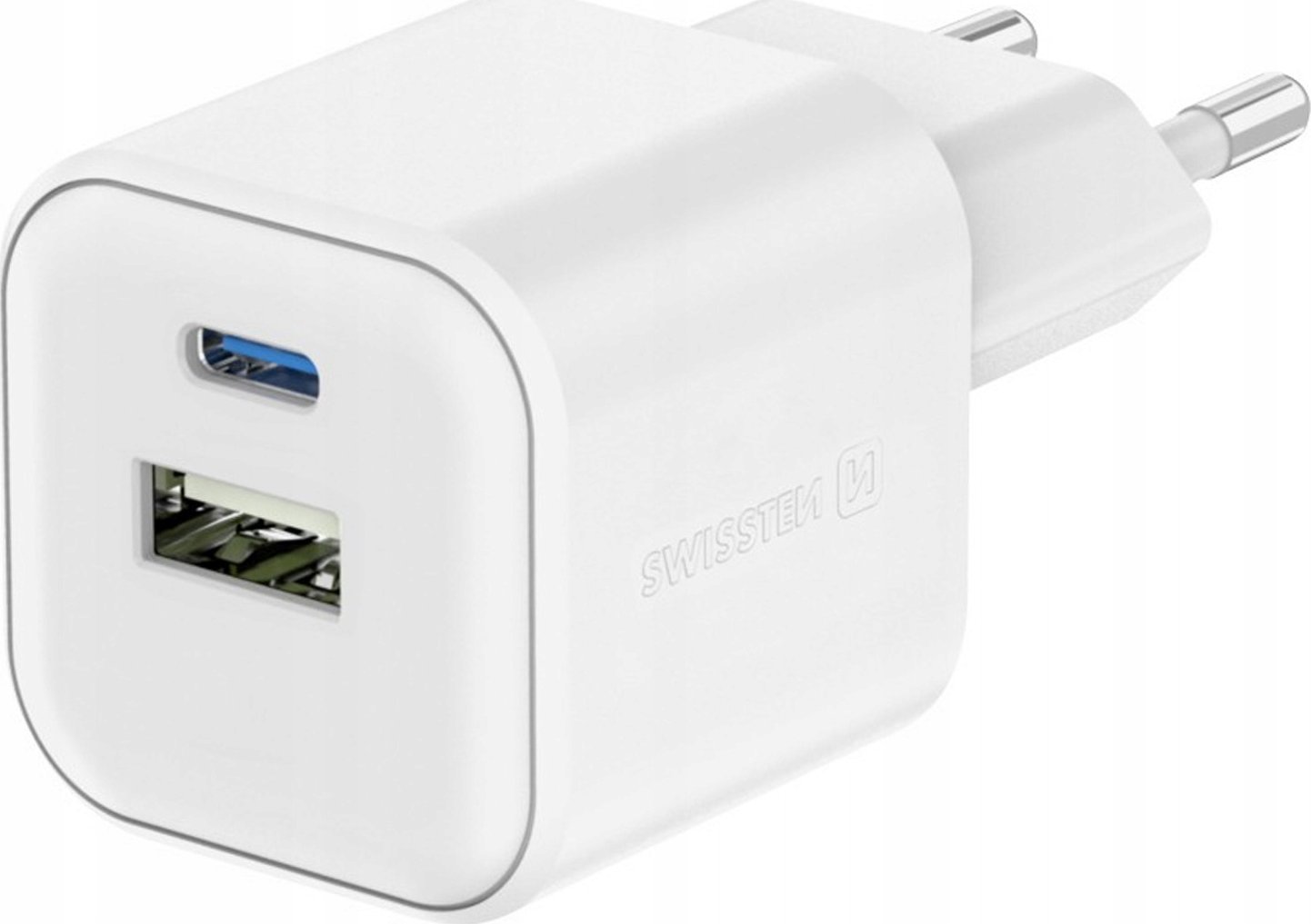 Karikues muri Swissten GaN, 1x USB C 35W PD, 1x USB A 27W, i bardhë