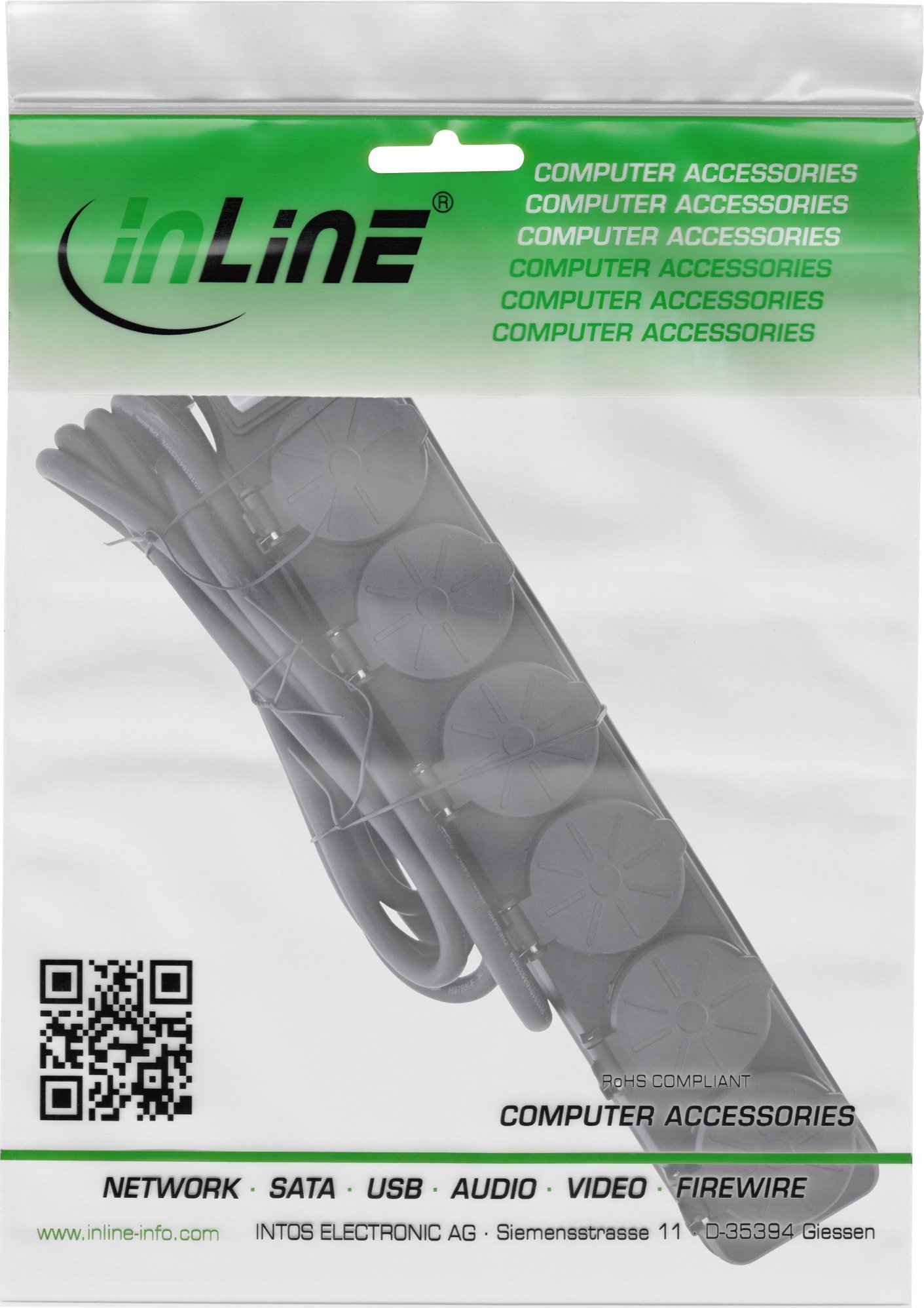 Штекер продолжувач InLine Outdoor, 6 излези, IP44, 5m, црн