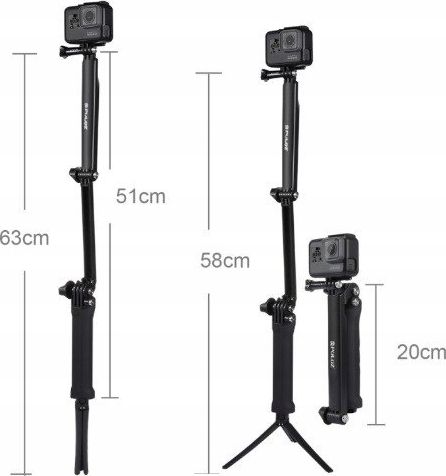Monopod dorezë 3 në 1 Puluz Three Arm Grip, për GoPro SJCAM Xiaomi, plastikë, i zi