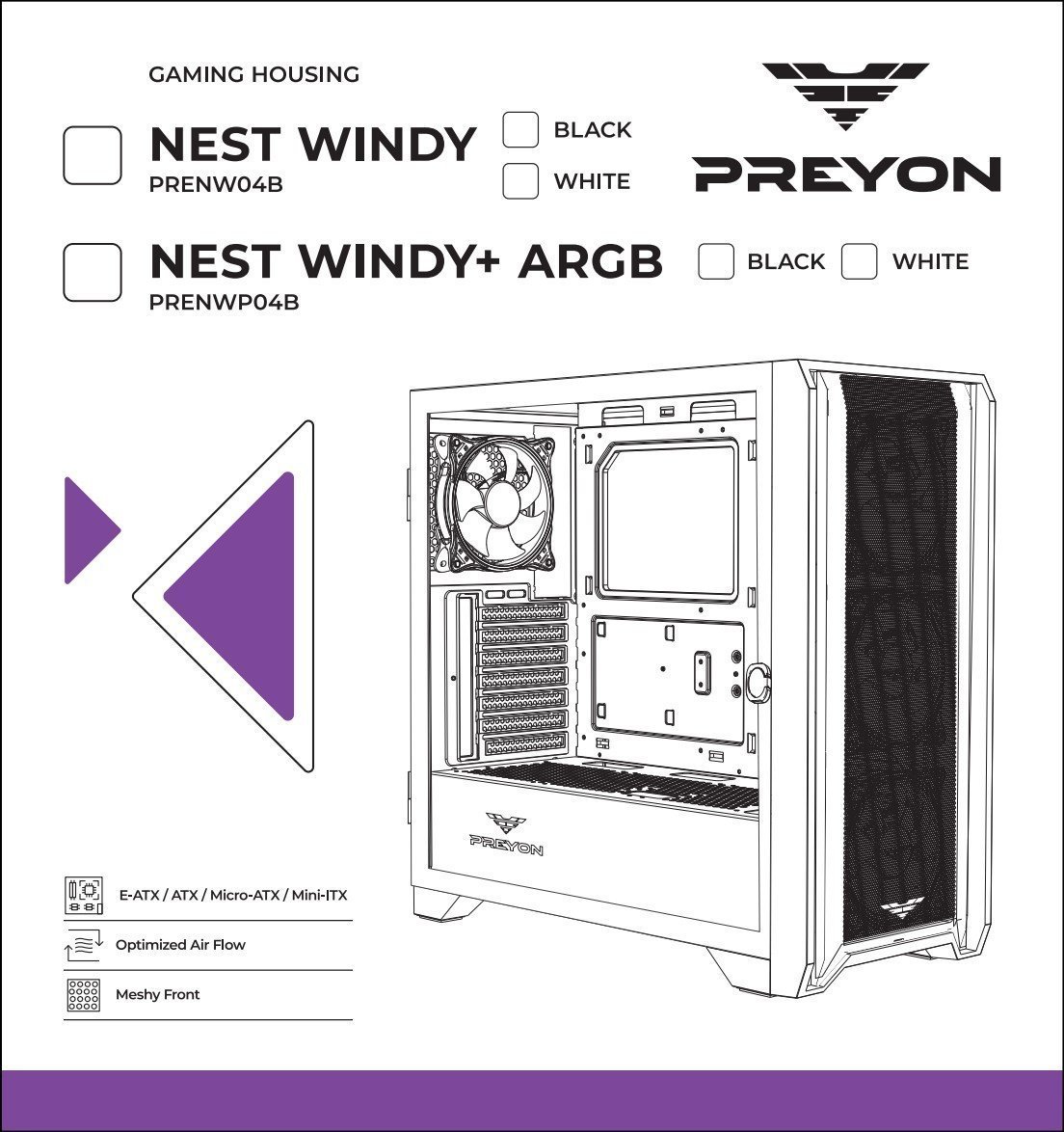 Kuti kompjuteri PREYON Nest Windy, ATX, me furnizues 750W 80 Plus Gold, e bardhë