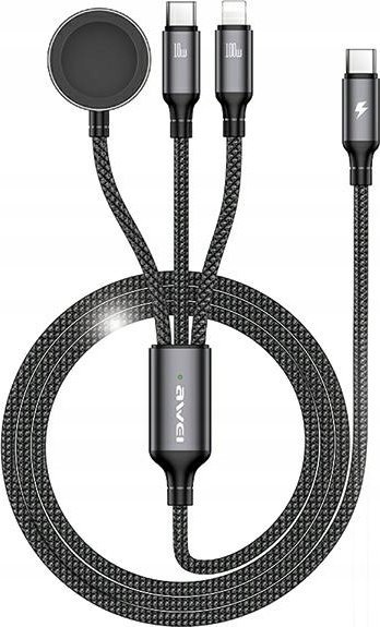 Кабел за полнење 3 во 1 Awei W23, USB C Лајтнинг Епл Воч, 120 cm, црна