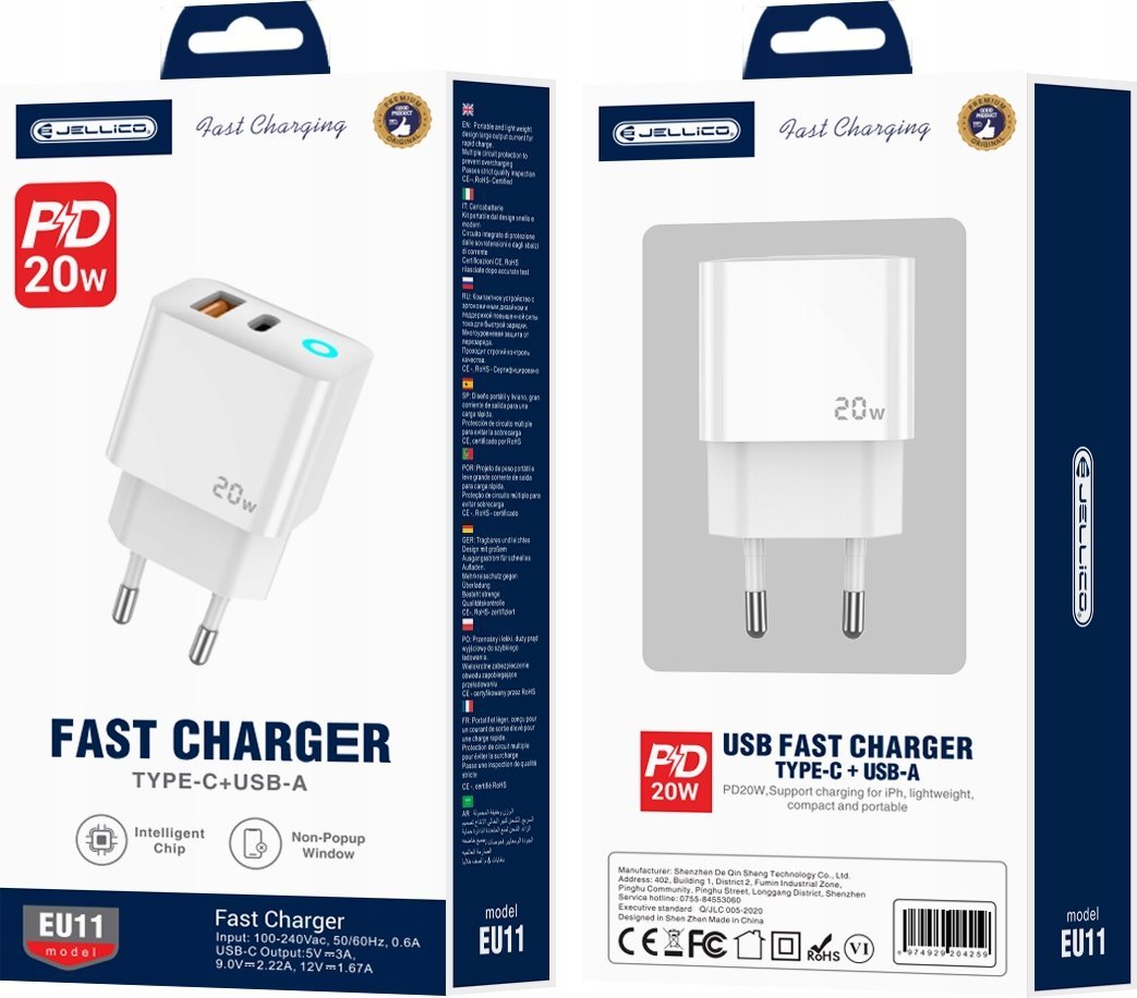 Karikues muri JELLICO EU11, PD 20W, 1x USB C 1x USB QC3.0, i bardhë