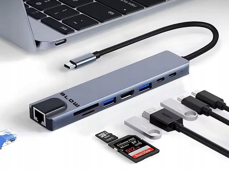 Hub USB Blow K-08, 8 në 1, USB-C, HDMI 4K, RJ45, gri