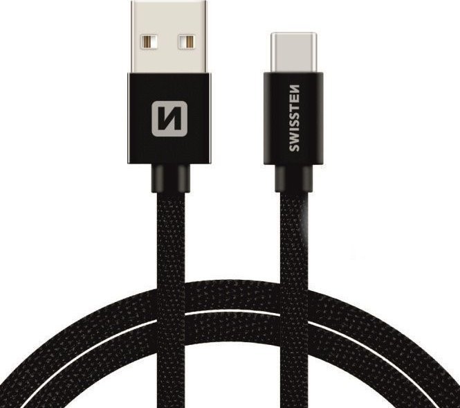 USB во USB C Swissten текстилен кабел, 3m, 3A, црн