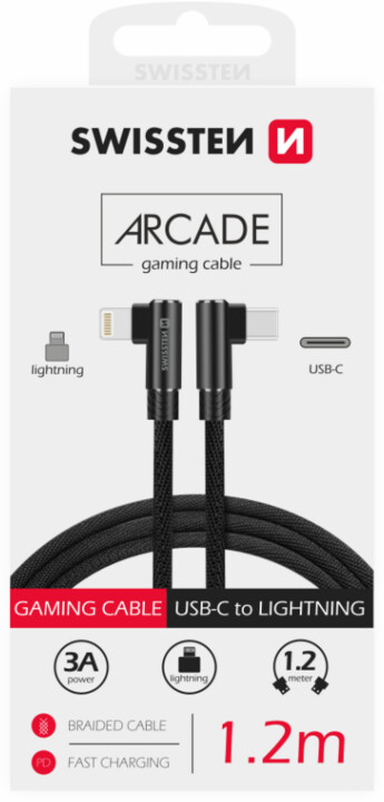 [OUTLET] Kabllo SWISSTEN Arcade, USB-C - Lightning, M/M, 3A, me lidhës të kthyer 90°, e thurur, 1.2m, e zezë