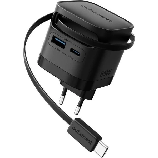Полнач Cubenest S3D2 PD GaN, 65W, со USB C кабел, црн