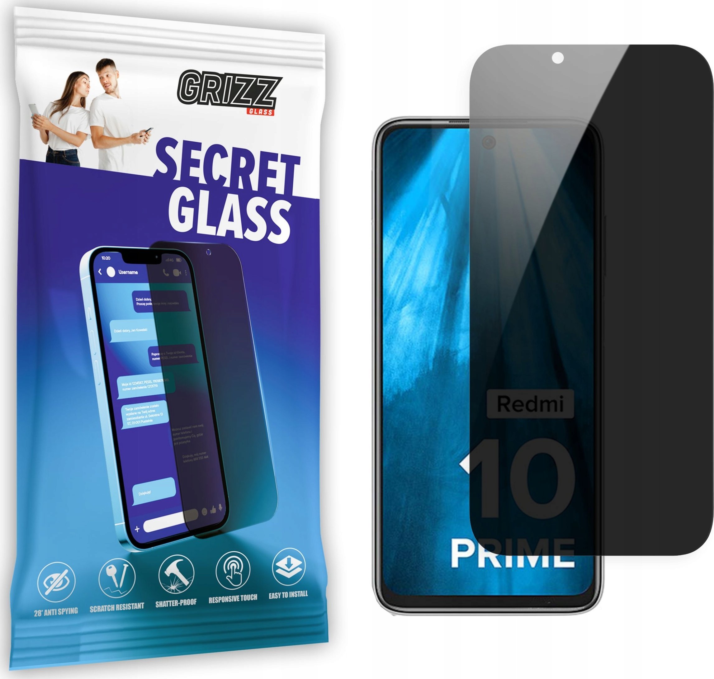 Xham privatësie për ekran Grizz SecretGlass për Xiaomi Redmi 10 Prime 2022, rezistent ndaj gërvishtjeve, transparent