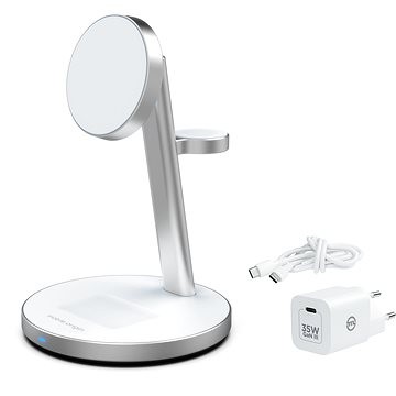 Karikues wireless 3në1 Mobile Origin Qi2 PowerStand, GaN 35W, i bardhë argjendtë