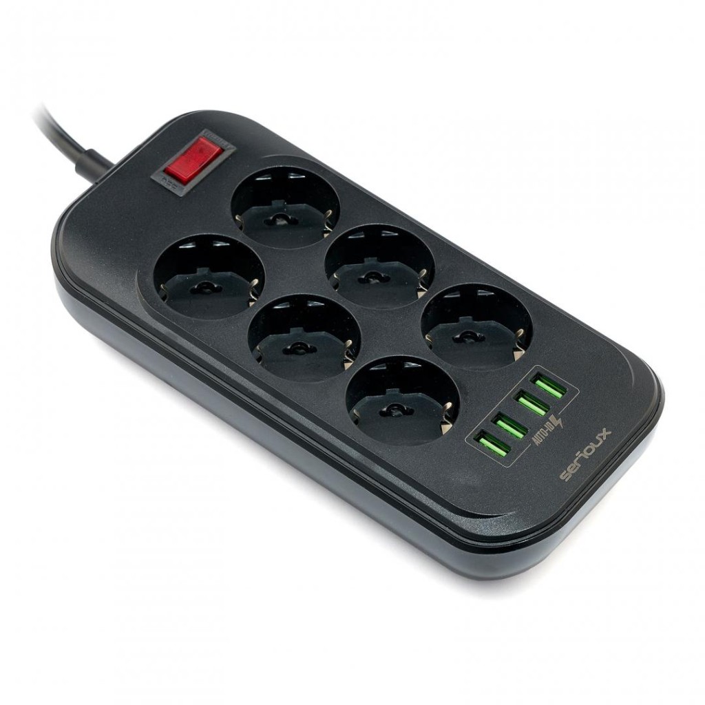 Zgjatues elektrik SRX PS66B, 6x Schuko, 4x USB, 2m, i zi