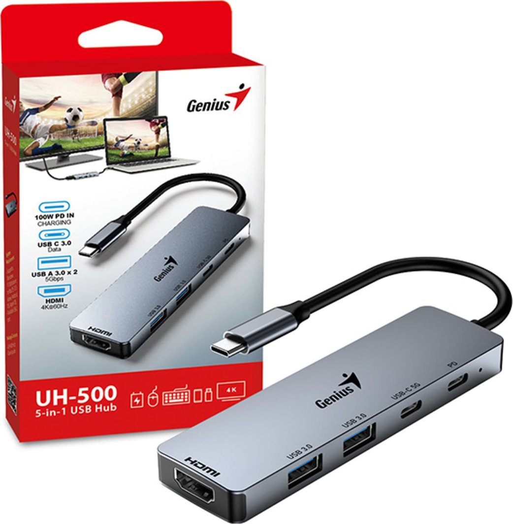 Hub USB Type-C Genius UH-500, HDMI 4K 60Hz, 100W PD, argjendtë