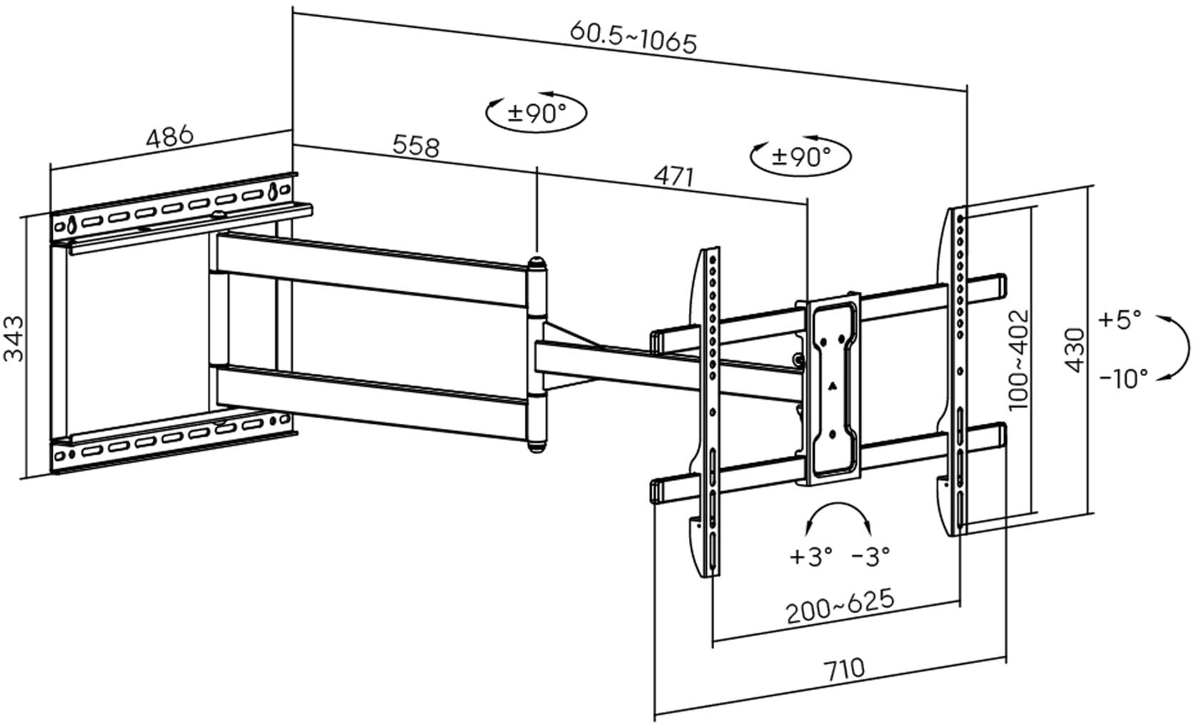 Ѕиден носач за ТВ Brateck LPA84-463XL, 43\"-80\", капацитет 50 kg, црн