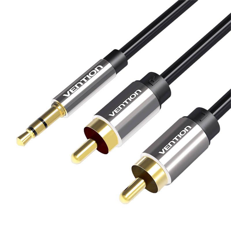 Kabllo audio Vention 3.5mm në 2x RCA, 0.5m, metal, i zi