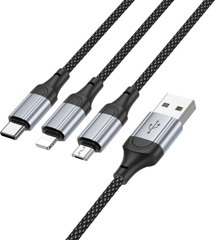 Kabllo karikimi Hoco X102 3in1, USB A në Lightning Micro USB USB C, 1m, 2.4A, e zezë