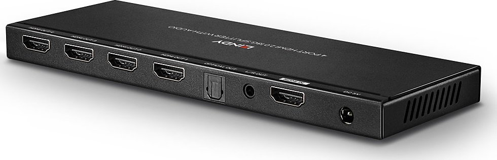 Splitter HDMI Lindy 38231, 4 porta 4K UHD, dalje audio optike dhe analoge, i zi