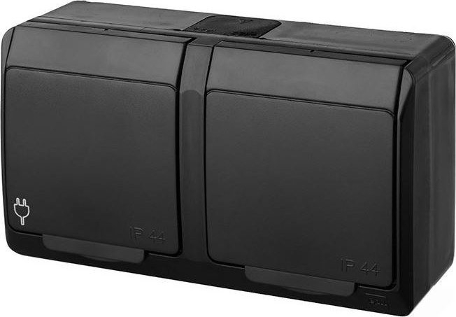 Prizë dyshe sipërfaqësore Elektro-Plast HERMES 2x2P+E, IP44, e zezë