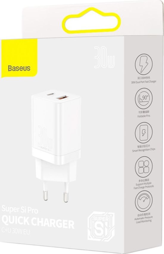 Полнач за мрежа Baseus Super Si Pro BSU2902WHT, 30W, 1x USB C 1x USB A, бел
