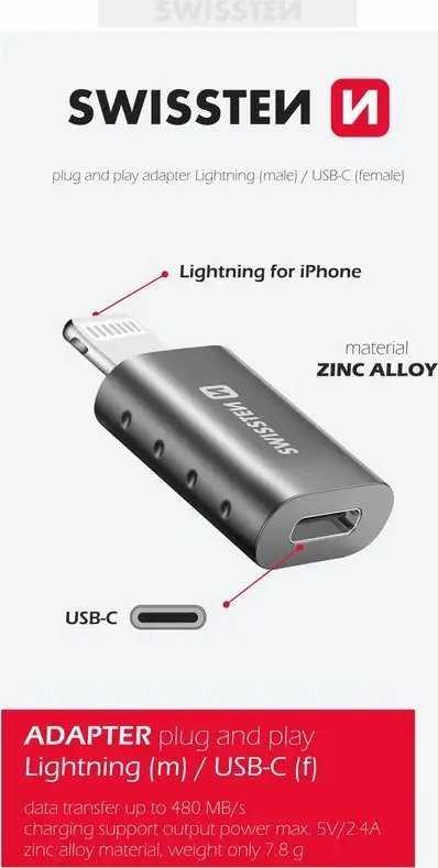 Adapter Swissten Lightning në USB C, trup metalik, gri