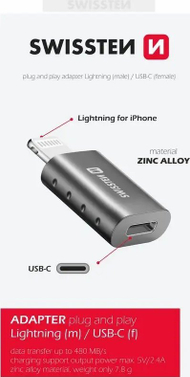 Adapter Swissten Lightning në USB C, trup metalik, gri