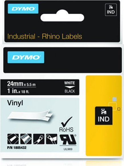 Rrota etiketimi DYMO IND Vinyl, vinyl rezistent, për përdorim të brendshëm dhe të jashtëm, e bardhë
