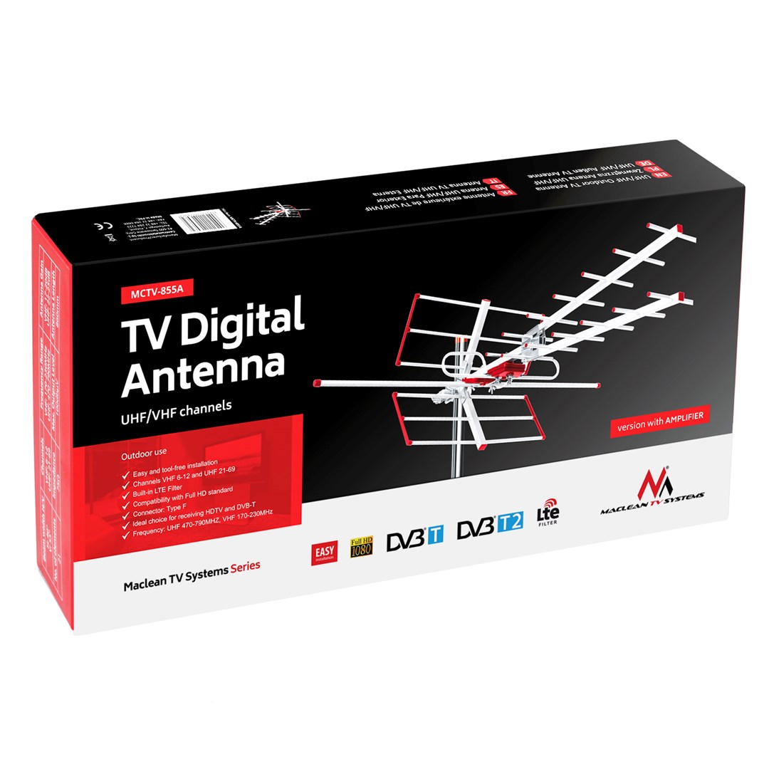 Antena e jashtme TV Maclean MCTV-855A, Full HD, DVB-T/T2 H.265 HEVC, gri