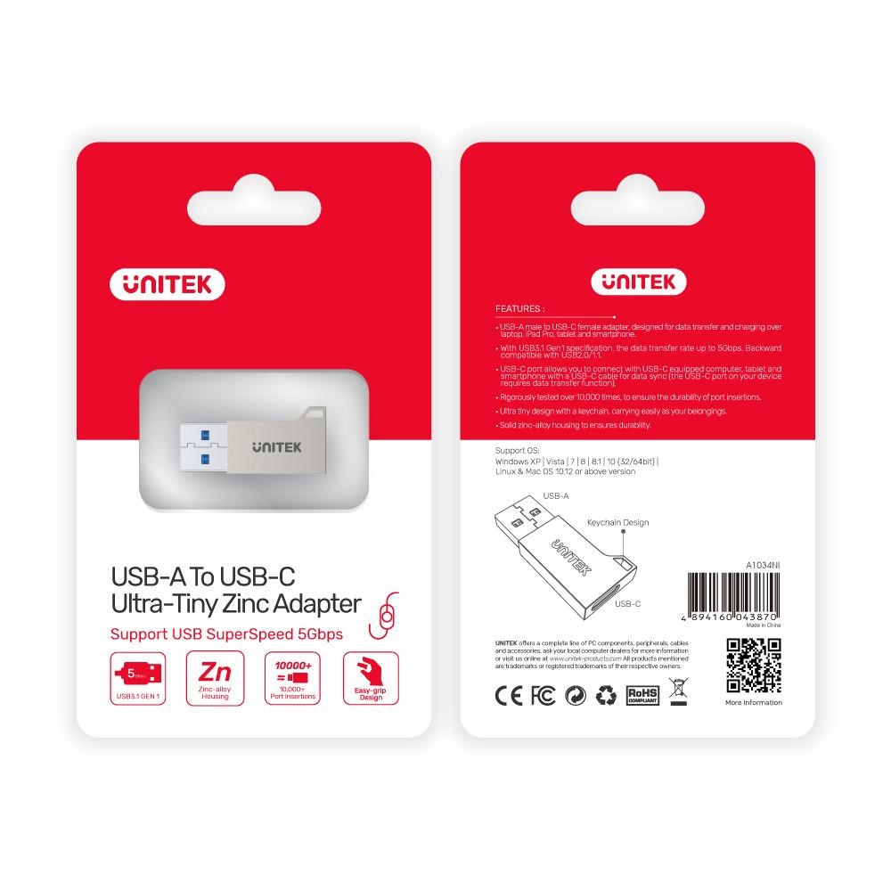 Adapter USB Unitek A1034NI, USB C në USB A, USB 3.1 Gen1, argjendtë
