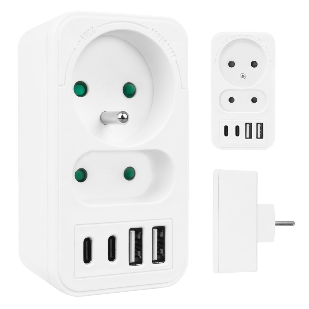 Prizë shumëfishe Maclean MCE249 F/W, 2x220V, 2xUSB A 2xUSB C PD 20W, e bardhë